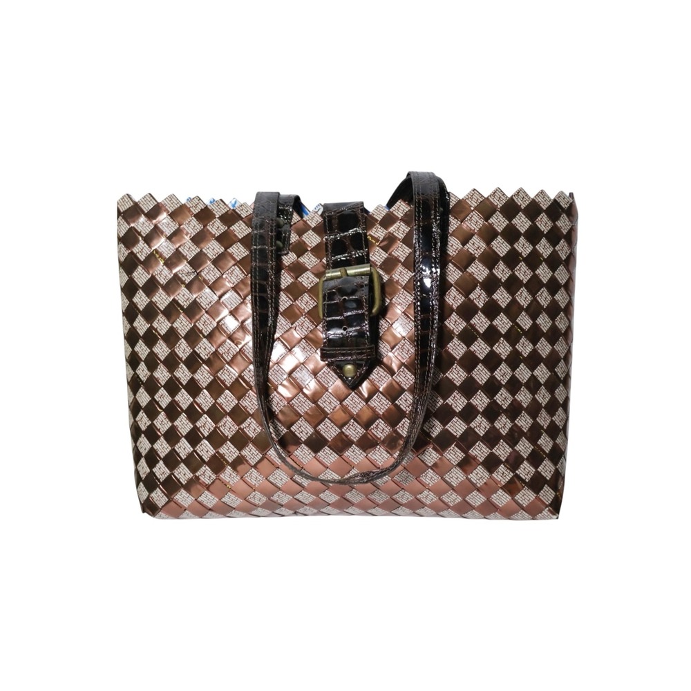 Nahui Ollin Recycled Candy Wrapper Woven Tote Bag Brown Copper Shoulder Bag Toe